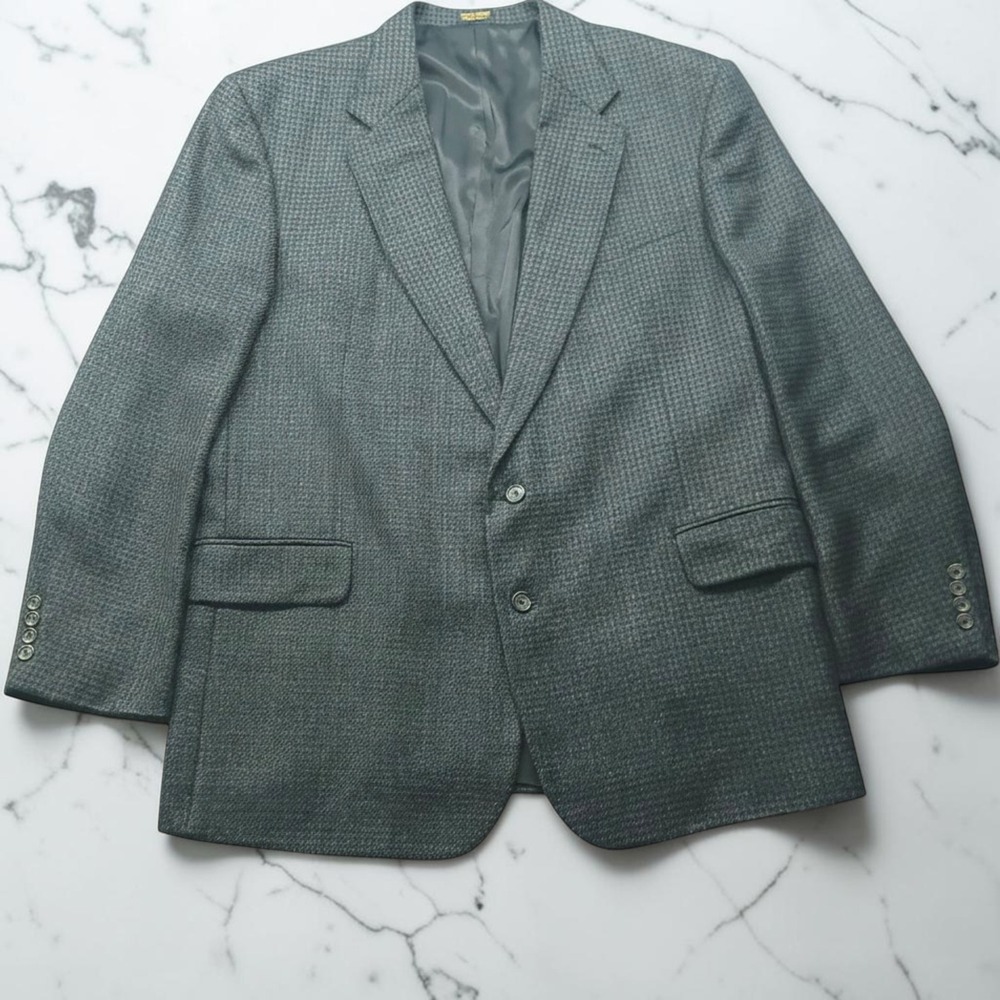 Oscar de la Renta Vintage 90s Mens 50L Grey Wool Plaid Blazer Sport Coat Jacket